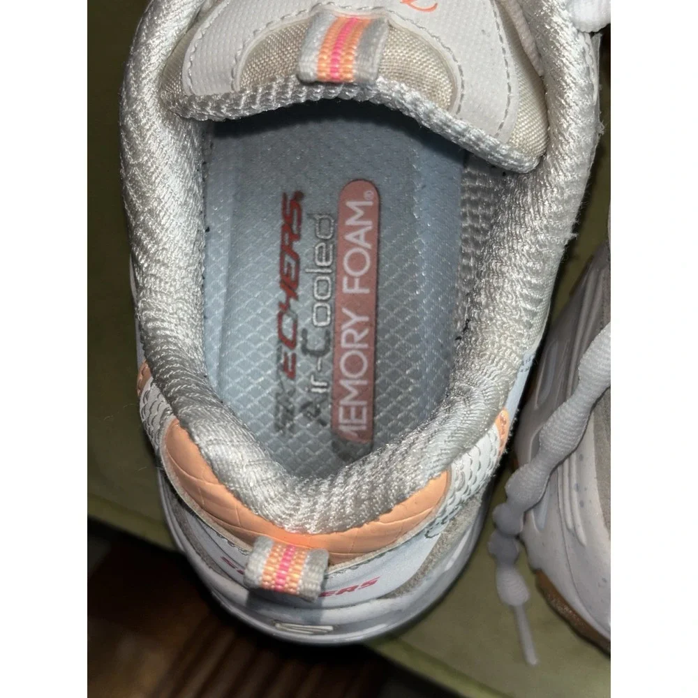 SKECHERS D'Lites Women's Memory Foam Sneaker White Peach Gray SN 149589